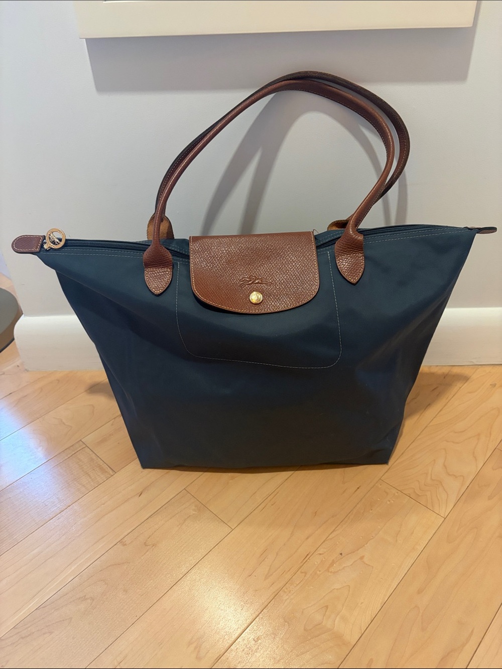 Longchamp Le Pliage L Tote bag - Slate Blue with Brown Leather Trim